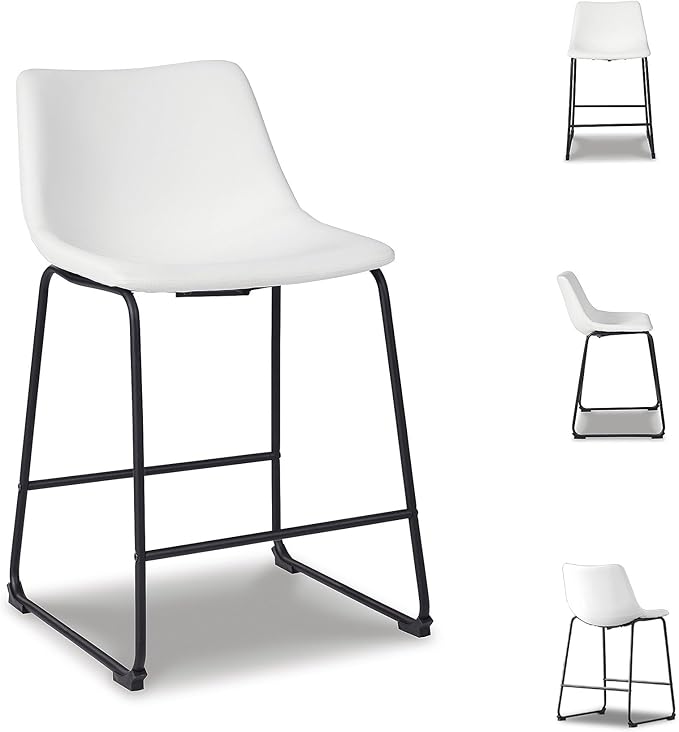 Signature Design by Ashley Centiar Casual Bucket Seat Dining Upholstered Bar Stool with Black Metal Base, Set of 2, Faux Leather, 23.75" Seat Height, White
