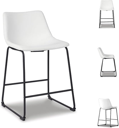 Signature Design by Ashley Centiar Casual Bucket Seat Dining Upholstered Bar Stool with Black Metal Base, Set of 2, Faux Leather, 23.75" Seat Height, White