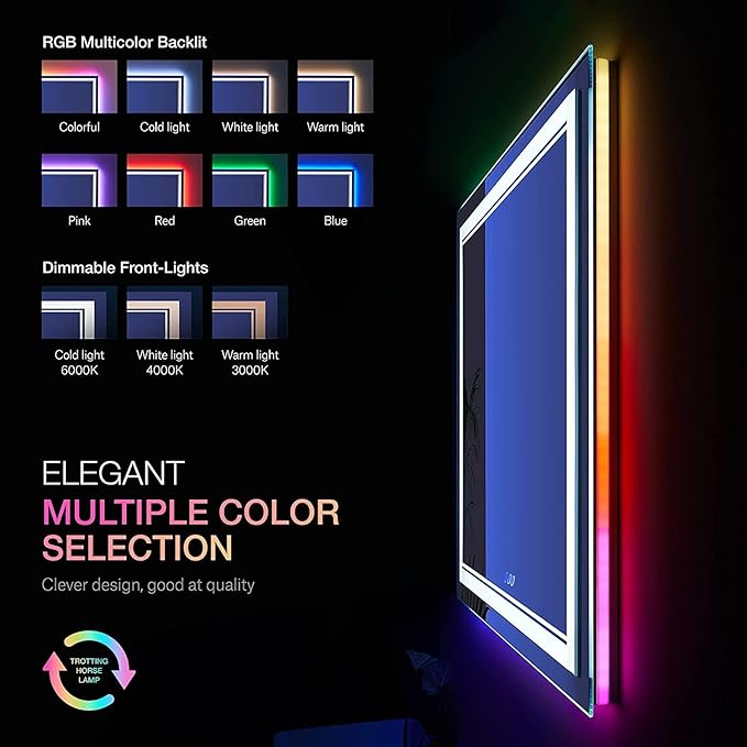 72x40 Inch RGB LED Bathroom Mirror with Lights, Color Changing RGB Backlit LED Mirror for Bathroom,Lighted Vanity Mirrors for Bathroom Wall, Dimmable, Anti-Fog (RGB Backlit+Front-Lit)