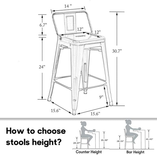 HAOBO Home Metal Bar Stools Set of 2 Low Back Counter Height Barstools 24" Industrial Barstool Patio Stool Metal Kitchen Stools Bar Chairs for Indoor Outdoor