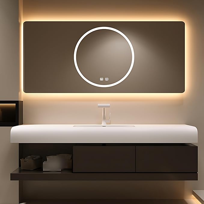 48IN Bathroom Vanity with Sink - Bathroom Cabinet Set has 2 Drawers & Overflow Hole Wall Mounted | LED Practical Defogging Mirror, Open Compartments, Seamless Rock Slab Basin (Coffee)