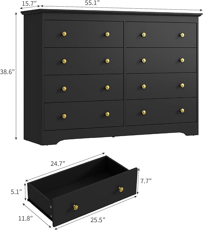 Black Dresser for Bedroom, 8 Drawer Dresser with Large Drawers, 55 Inch Wide Wood Chest for Living Room, Hallway