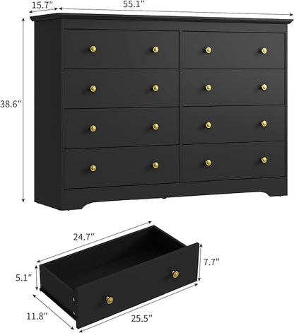 Black Dresser for Bedroom, 8 Drawer Dresser with Large Drawers, 55 Inch Wide Wood Chest for Living Room, Hallway