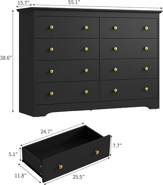 Black Dresser for Bedroom, 8 Drawer Dresser with Large Drawers, 55 Inch Wide Wood Chest for Living Room, Hallway