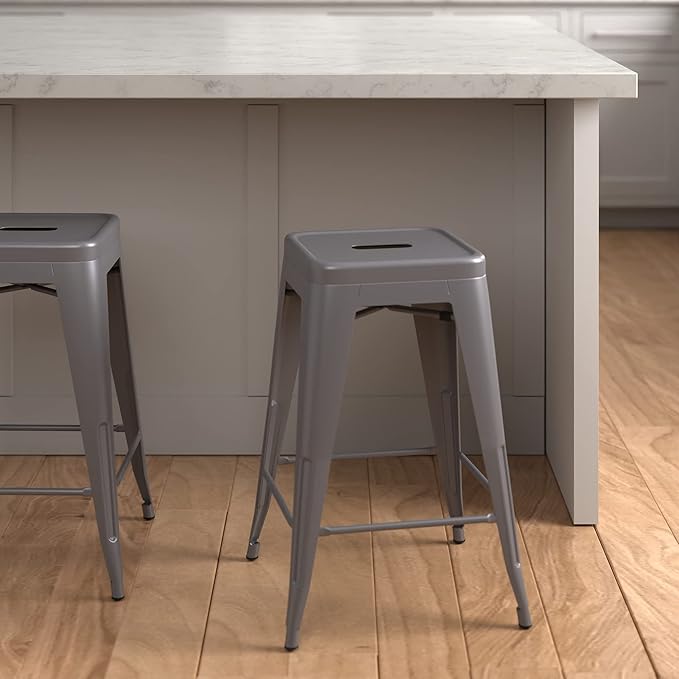 Amazon Basics Metal Bar Stools - 24-Inch, Set of 4, Dark Grey