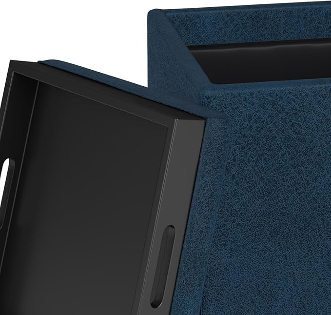 SIMPLIHOME Rockwood 18 inch Wide Contemporary Square Cube Storage Ottoman with Tray in Distressed Dark Blue Vegan Faux Leather, Assembled, For the Living Room, Entryway and Family Room