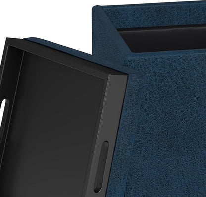 SIMPLIHOME Rockwood 18 inch Wide Contemporary Square Cube Storage Ottoman with Tray in Distressed Dark Blue Vegan Faux Leather, Assembled, For the Living Room, Entryway and Family Room