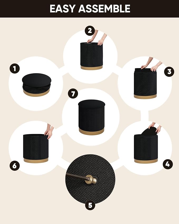B FSOBEIIALEO Ottoman with Stroage, Round Velvet Storage Ottoman with Gold Plating Base,Foot Rest Stool for Dorm Room, Living Room Black, 16.73"x16.73"x17.72"