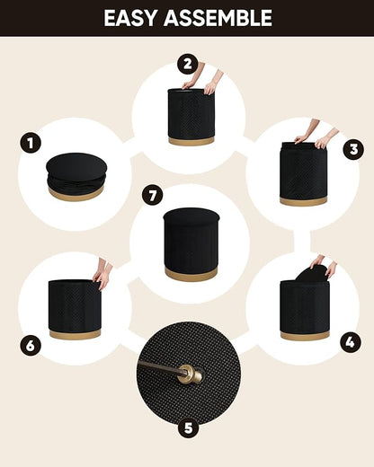 B FSOBEIIALEO Ottoman with Stroage, Round Velvet Storage Ottoman with Gold Plating Base,Foot Rest Stool for Dorm Room, Living Room Black, 16.73"x16.73"x17.72"