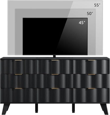 9 Drawer Dresser, Modern Fluted Storage Dresser with Deep Drawers and Metal Handles, Wood Chest of Drawers Storage Organizer for Bedroom, Living Room, Hallway (Black)