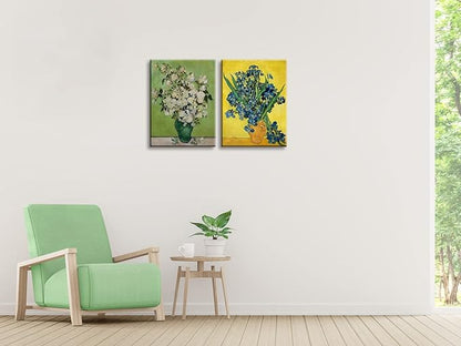 Wieco Art 2 Piece Irises in Vase Floral Canvas Prints Wall Art by Van Gogh Classic Artwork Famous Oil Paintings Reproduction on Canvas for Home Decor Modern Wrapped Flowers Pictures