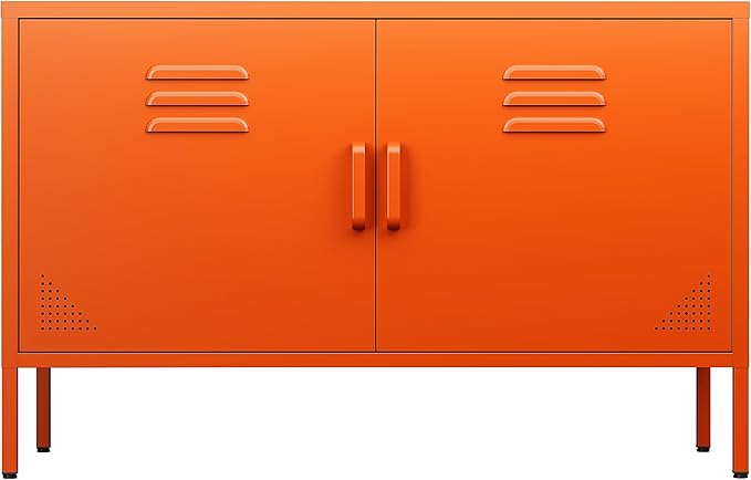 SISESOL Orange Metal Storage Cabinet with Doors and Shelves,2 Door Wide Metal Locker Accent Storage Cabinet with Leg & Vent Hole,Wide TV Cabinets,Low Side Cupboard for Home,Office,Dining/Living Room