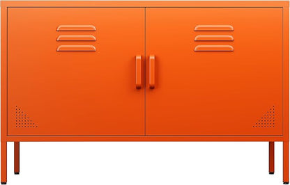 SISESOL Orange Metal Storage Cabinet with Doors and Shelves,2 Door Wide Metal Locker Accent Storage Cabinet with Leg & Vent Hole,Wide TV Cabinets,Low Side Cupboard for Home,Office,Dining/Living Room