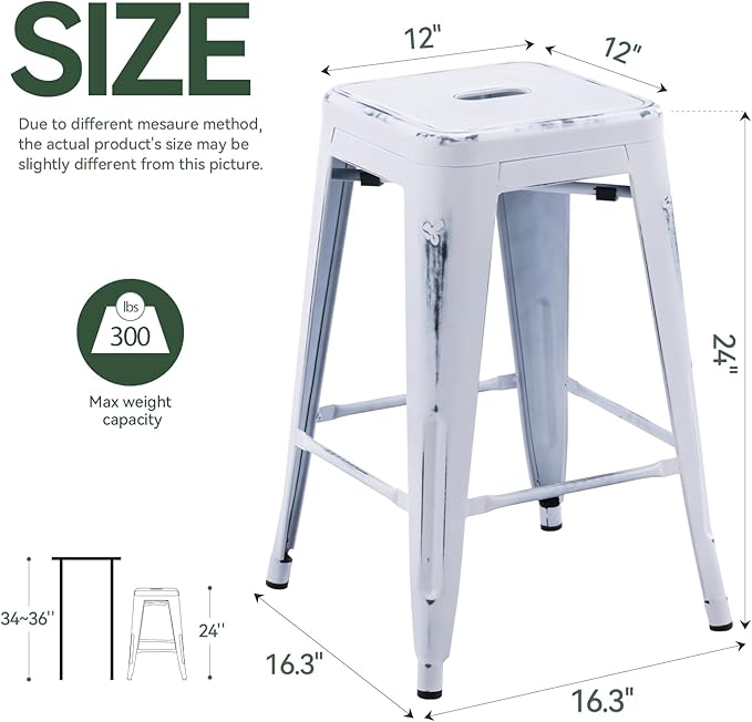 Vogue Furniture Direct 24 Inch Metal Bar Stools, Backless Counter Height Barstools, Indoor Outdoor Stackable Stools with Square Seat, Set of 4 (Distressed White)