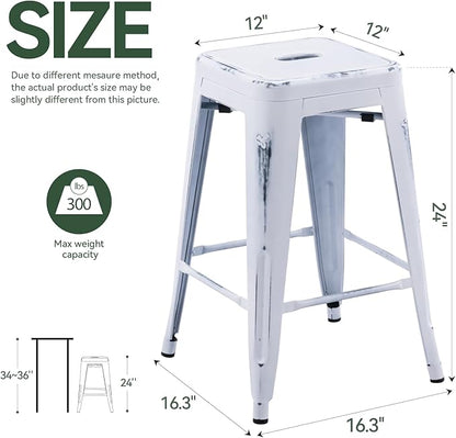 Vogue Furniture Direct 24 Inch Metal Bar Stools, Backless Counter Height Barstools, Indoor Outdoor Stackable Stools with Square Seat, Set of 4 (Distressed White)