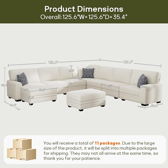 Wanderwell Oversized Modular Sectional Sofa, 9-Seater U Shaped Couches with Movable Ottoman,Corduroy Sectional Couch with Wide and Deep Seats Suitable for Living Room,Bedroom,Apartment (Cream, U-9)