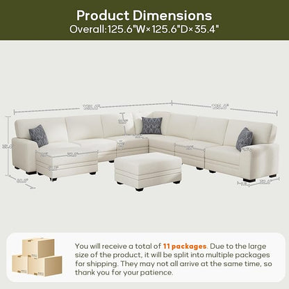 Wanderwell Oversized Modular Sectional Sofa, 9-Seater U Shaped Couches with Movable Ottoman,Corduroy Sectional Couch with Wide and Deep Seats Suitable for Living Room,Bedroom,Apartment (Cream, U-9)