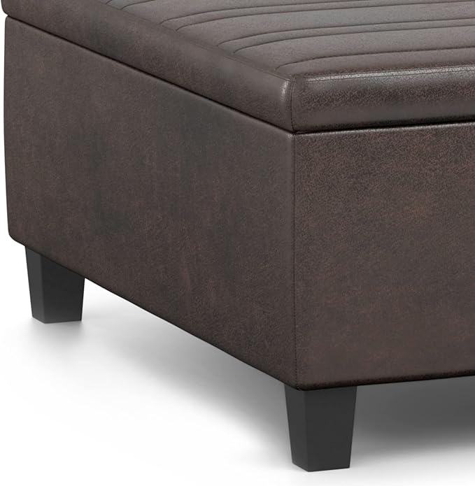 SIMPLIHOME Ellis 36 inch Wide Contemporary Square Coffee Table Storage Ottoman in Distressed Brown Vegan Faux Leather, Assembled, for The Living Room and Bedroom