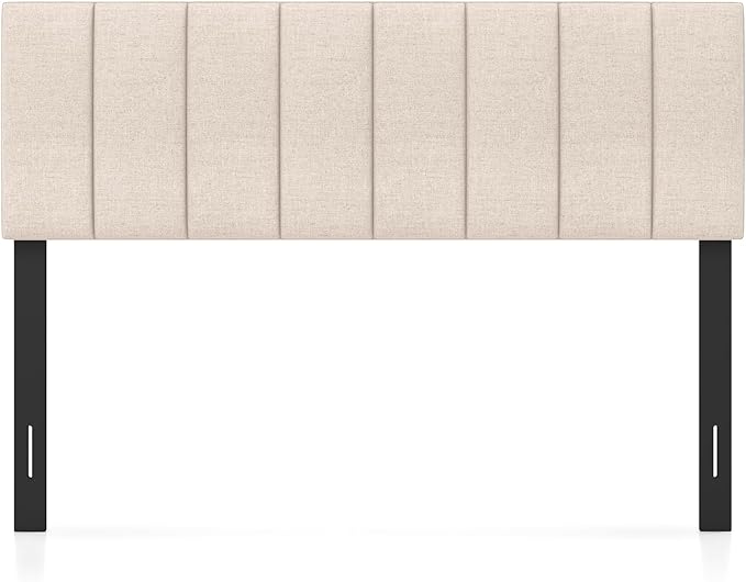 KOMFOTT Linen Upholstered Headboard for Full & Queen Size Bed, Vertical Channel Tufted Rectangular Headboard with Solid Wood Legs & Adjustable Width, Padded Bed Backboard, Easy Assembly, Beige