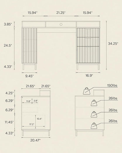 55'' Fluted Executive Desk with Drawers, Modern Home Office Computer Desk with Charging Station, File Drawer, Monitor Stand, Storage Shelf for Work Writing Study, Light Oak