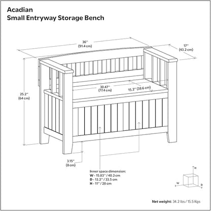 SIMPLIHOME Acadian Entryway Storage Bench - 36 inch Wide Solid Wood Small Hallway Seat in Black, Transitional Bench for Mudroom or Entryway with Lift-Up Lid, 2 Compartments and Slatted Backrest
