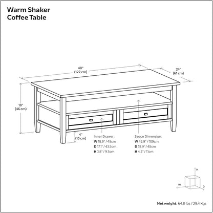 SIMPLIHOME Warm Shaker Coffee Table - 48 inch Wide Solid Wood Cocktail Table in Farmhouse Brown, Transitional Living Room Table with 2 Storage Drawers and Open Shelf for Sitting Area or Lounge