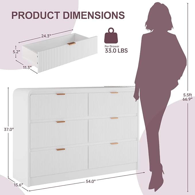 FURSUN Fluted 6 Drawers Dresser for Bedroom, 54" Wide Wooden Dresser with Metal Handle, Curved Profile Design, Modern Storage Organizer for Bedroom, Hallway (White)