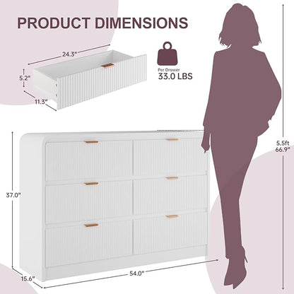 FURSUN Fluted 6 Drawers Dresser for Bedroom, 54" Wide Wooden Dresser with Metal Handle, Curved Profile Design, Modern Storage Organizer for Bedroom, Hallway (White)