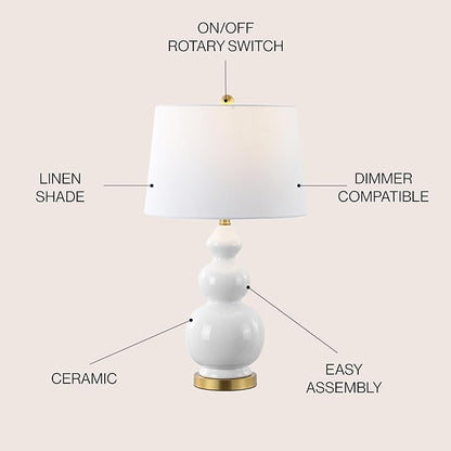 JONATHAN Y JYL4023D Bowen 27.5" Contemporary Transitional Ceramic Gourd LED Table Lamp, White/Brass Gold for Bedroom, Living Room, Kitchen, Home Office, Kids Room