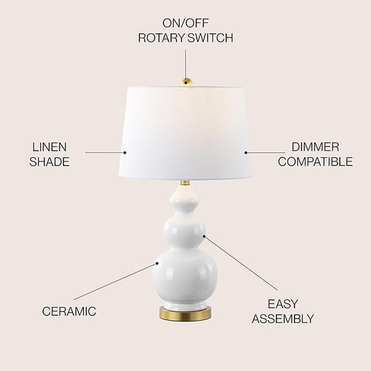 JONATHAN Y JYL4023D Bowen 27.5" Contemporary Transitional Ceramic Gourd LED Table Lamp, White/Brass Gold for Bedroom, Living Room, Kitchen, Home Office, Kids Room