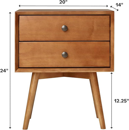Walker Edison Ella Mid-Century Modern 2-Piece 2-Drawer Solid Wood Nightstand Set, 2 Pack, Caramel