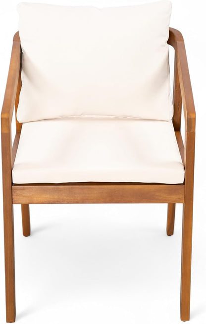 Christopher Knight Home Lucid Set of 2 Outdoor Dining Chair, Acacia Wood Frame Dining Chairs, Accent Chair Set with Comfortable Cushions, Patio Armchair for Backyard Poolside Garden, Natural + Beige