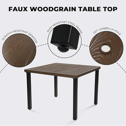 Grand patio 5-Piece Outdoor Dining Set for 4, Metal Woven Wicker Fixed Patio Chairs with Thickened Cushions & 1 Square Woodgrain Dining Table with Umbrella Hole for Backyard Deck (Natural)