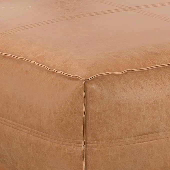 SIMPLIHOME Brody 36-inch Wide Extra Large Square Coffee Table Pouf in Distressed Brown Vegan Faux Leather, Boho-Style Ottoman, Footrest, or Extra Seating for Living Room, Assembled