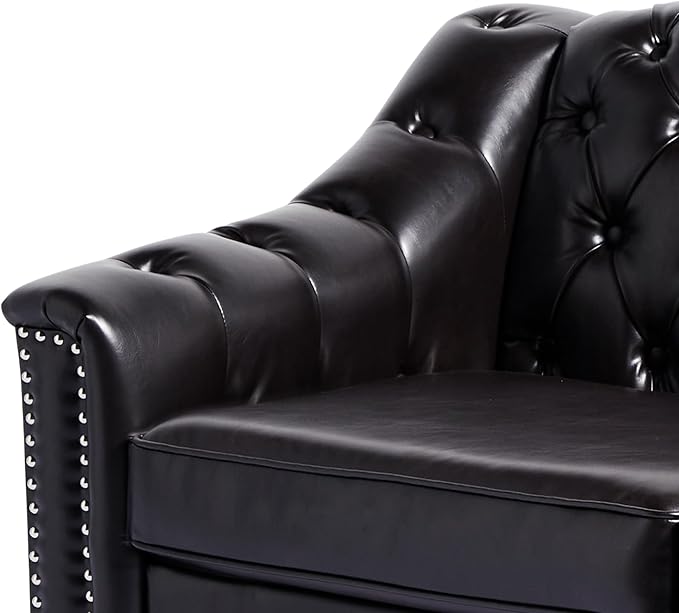 LEVNARY Chesterfield Chair Leather, Upholstered Sofa Chair with High Back, Mid-Century Modern Armchair with Solid Wood Legs, Single Couches for Living Room (Black)