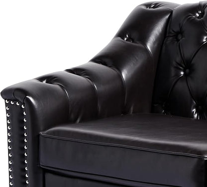 LEVNARY Chesterfield Chair Leather, Upholstered Sofa Chair with High Back, Mid-Century Modern Armchair with Solid Wood Legs, Single Couches for Living Room (Black)