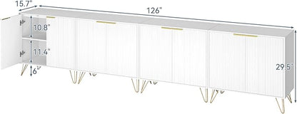Storage Cabinet Set of 4, White Fluted Cabinet with Adjustable Shelves, Modern Coffee Bar for Kitchen, Living Room and Office