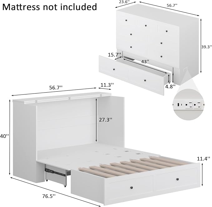 Full Size Murphy Bed with Charging Station & Drawer, Full Size Mobile Cabinet Bed Frame, Murphy Chest Bed for Bedroom, Guest Room