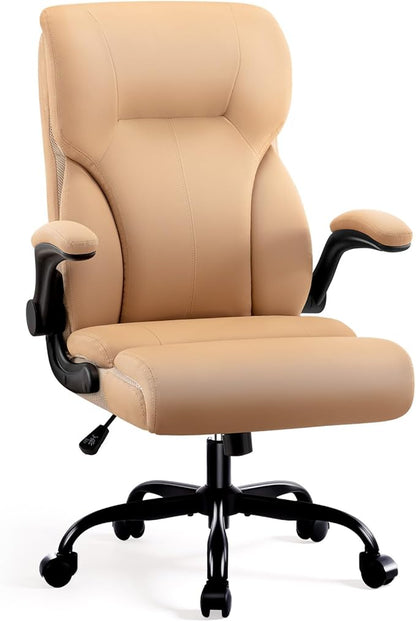 Executive Office Chair, High Back Ergonomic Comfy Desk Chair with Padded Flip-up Armrests and Wheels, PU Leather Heavy Duty Computer Swivel Rolling Task Chair for Home Office, Adults, Khaki