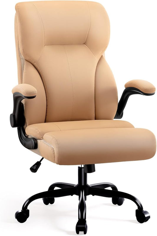 Executive Office Chair, High Back Ergonomic Comfy Desk Chair with Padded Flip-up Armrests and Wheels, PU Leather Heavy Duty Computer Swivel Rolling Task Chair for Home Office, Adults, Khaki