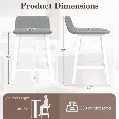 COSTWAY Wooden Counter Stools Set of 2, 24-inch Height Upholstered Padded Seat, Low Backrest, Footrest, Rubber Wood Legs, Armless Barstools for Kitchen Island, Dining Room, White+Gray