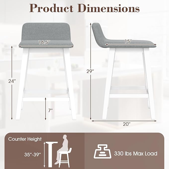 COSTWAY Wooden Counter Stools Set of 4, 24-inch Height Upholstered Padded Seat, Low Backrest, Footrest, Rubber Wood Legs, Armless Barstools for Kitchen Island, Dining Room, White+Gray