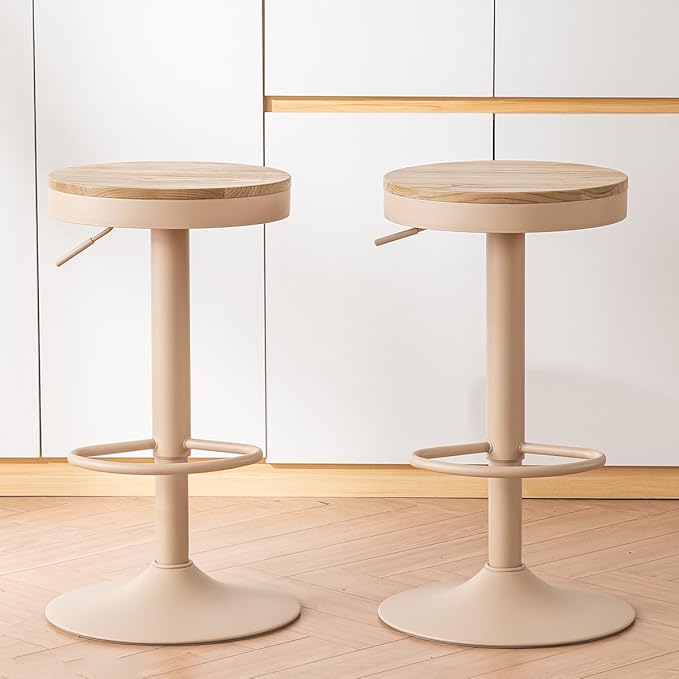Kidol & Shellder Bar Stools Set of 6 Round Adjustable Swivel Barstools Modern Backless Bar Chairs Wooden Seat Counter Height Stools Armless for Kitchen Island, Cafe, Dining Room (Khaki)