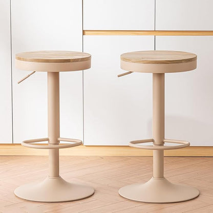 Kidol & Shellder Bar Stools Set of 6 Round Adjustable Swivel Barstools Modern Backless Bar Chairs Wooden Seat Counter Height Stools Armless for Kitchen Island, Cafe, Dining Room (Khaki)