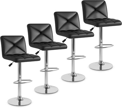 COSTWAY Bar Stools Set of 4, Modern PU Leather Swivel Bar Chairs, Height Adjustable Upholstered Barstools with Premium Gas Rod, Sturdy Footrest, Round Base, for Kitchen, Dining Room, Office, Black