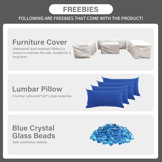 Rattaner 5 Pcs Outdoor Furniture Sets Patio Furniture Set with 45" Fire Pit Patio Couch Outdoor Chairs 60000 BTU Steel Propane Fire Pit Table No-Slip Cushions and Waterproof Covers, Royal Blue