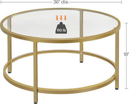 Yaheetech Gold Glass Coffee Table for Living Room, 36" Round Glass Coffee Table with Metal Frame, Circle Coffee Table for Home, Office, Apartment