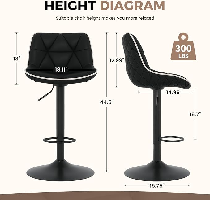 Nalupatio Bar Stools Set of 2, Adjustable Swivel Counter Height Bar Stools with Back, Armless Modern Barstools for Kitchen Island & Home Bar, Upholstered Seat,（Black）