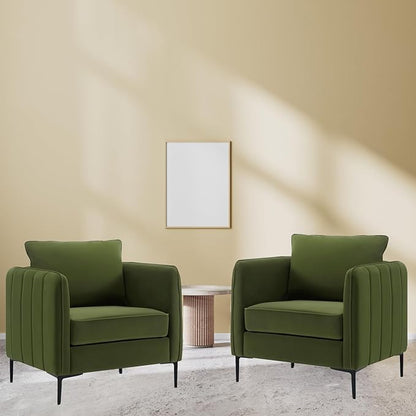 Velvet Accent Chairs Set of 2, Comfy Upholstered Single Sofa Chair Mid-Century Modern Armchair with Thick Cushion and Wood Frame Side Chair for Living Room Bedroom Apartment (Green)