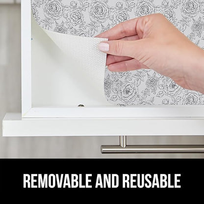GORILLA GRIP DripGuard Shelf Liner, Non Adhesive Drawer and Kitchen Cabinet Protector, Slip Resistant BPA Free Smooth Surface Plastic Liners for Cabinets, Bathrooms, Closets, 17.5x240 Inch Floral Gray